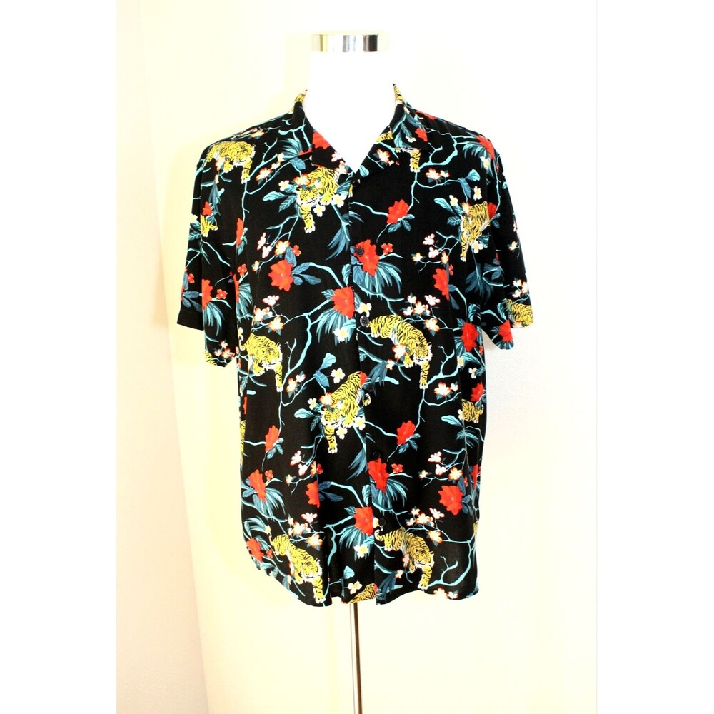 COMO MAN Hawaiian Style Casual Shirt SS Black White Red Tigers / Floral ~ XL #02